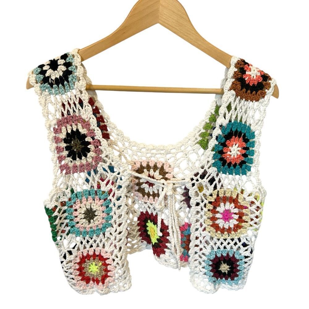 Unbranded 90s Y2k Crochet White Granny Square Vest Tie Front Multicolor Medium